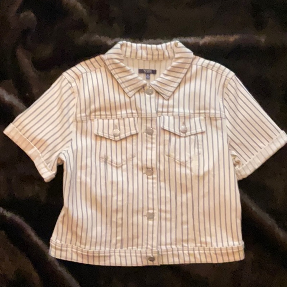 NYDJ 1/4 sleeve jean jacket cream with  black pinstripe. New w/o tags. Size M